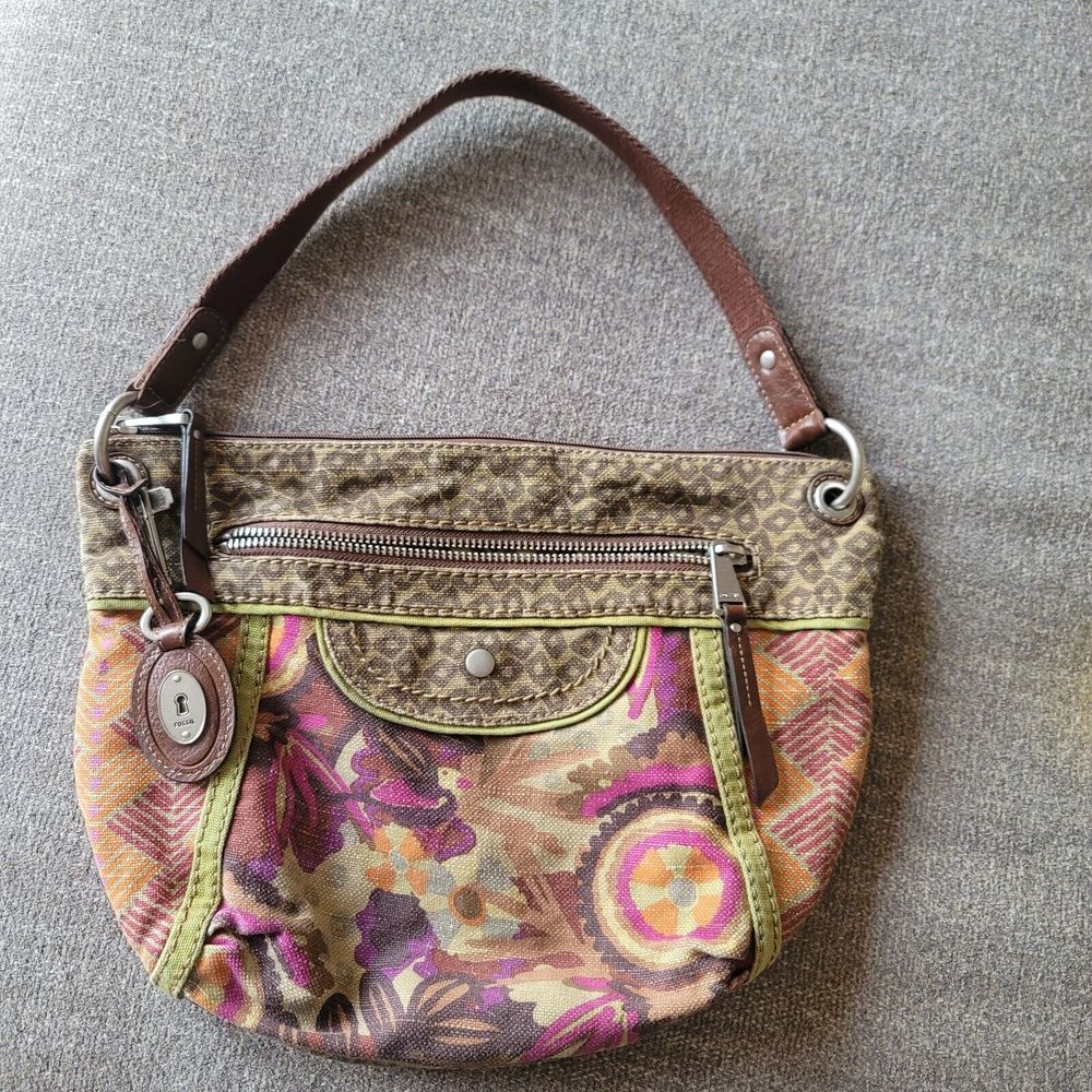 Fossil Handbag Mixed Media Boho Print Canvas Crossbody Bag Strap